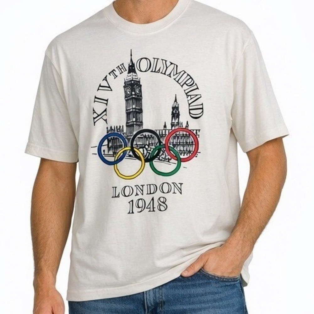 Heritage Mens Large London 1948 Olympic Games XIVth Olympiad Cream Graphic Shirt